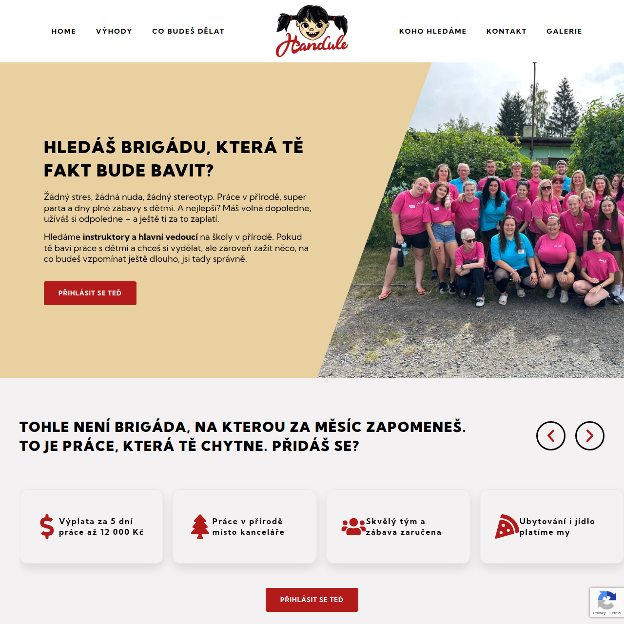 Screenshot webu Handule - nábor instruktorů na školy v přírodě